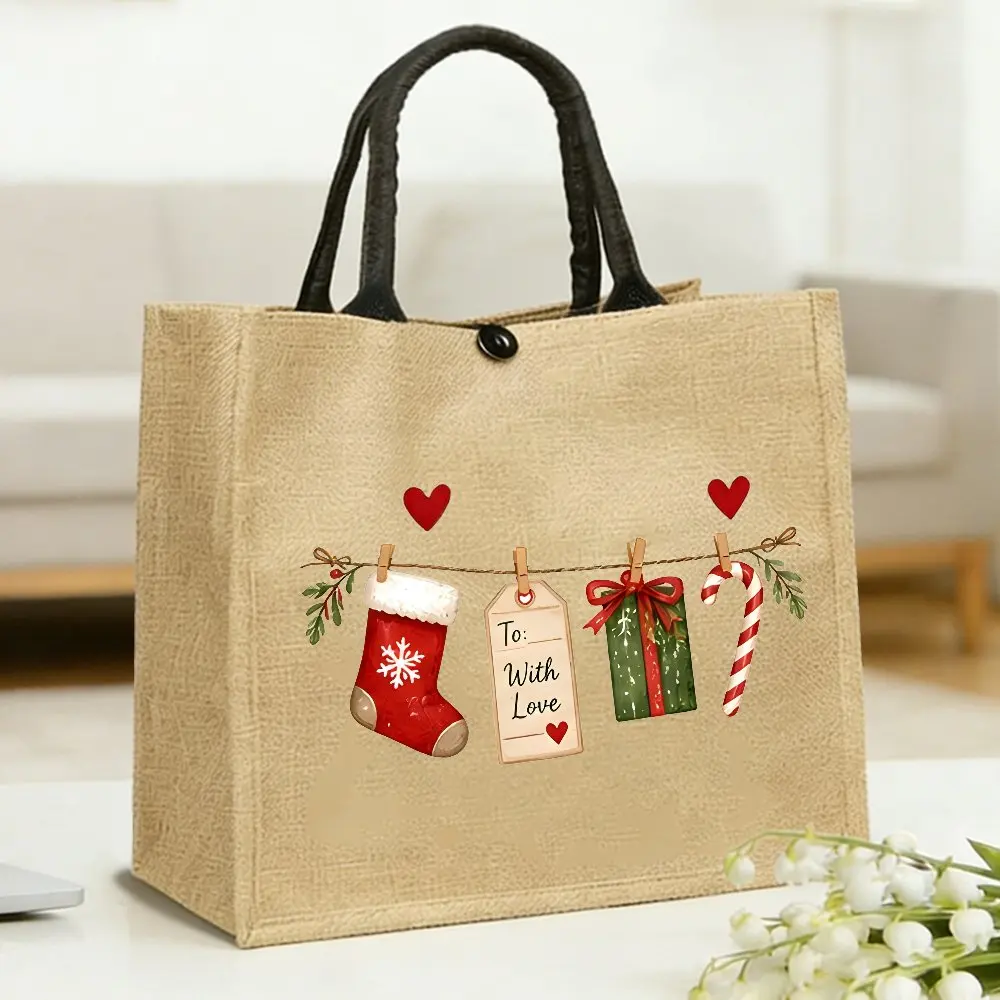 Cute Christmas Hanging Stocking & Candy Cane Jute Tote Bag, Xmas Holly Heart Pattern Shoulder Bag, Casual Daily Shopping Handbag