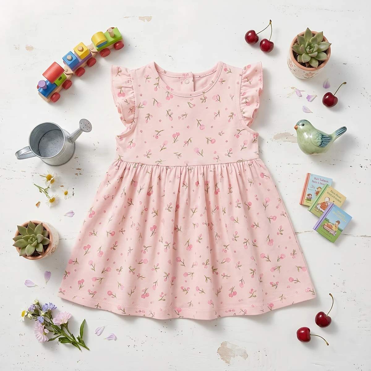 Cotton Kids Pink Cute Flower Dress Children Girls Summer Clothing Baby