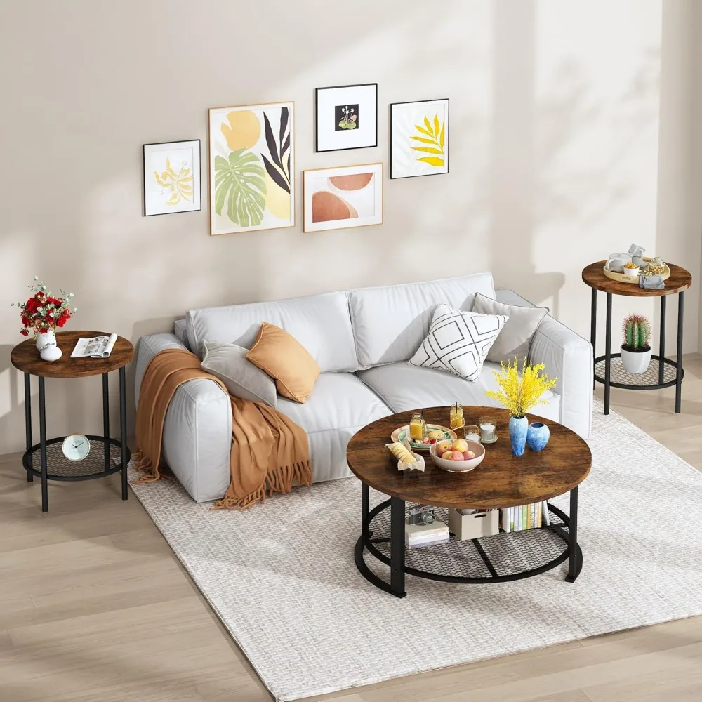 Modern 3-Piece Living Room Coffee and End Table Set with Round Design and Ample Storage