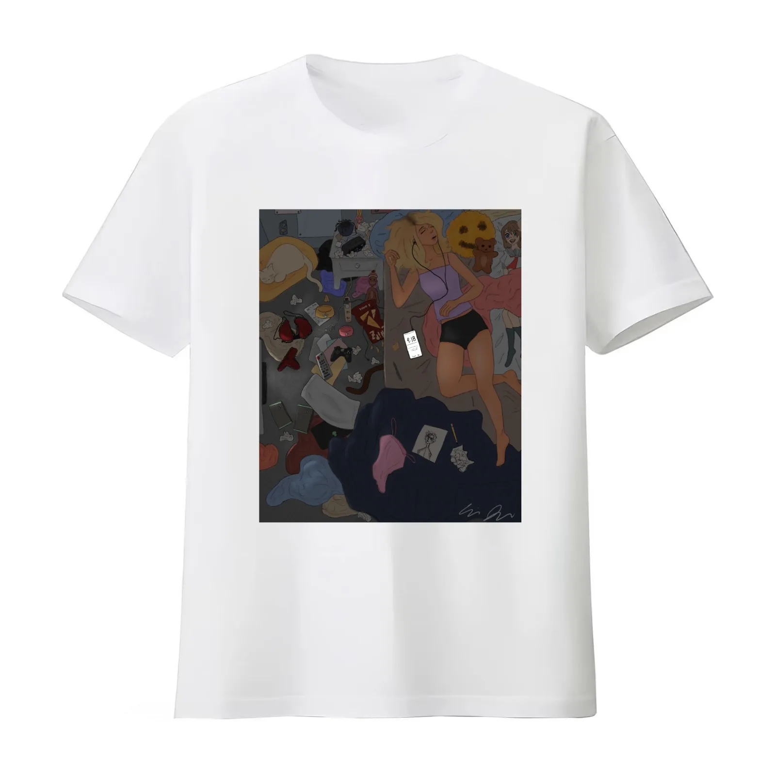 Messy room lazy girl aesthetic T-Shirt Summer Casual Cotton Tee Oversized Streetwear Tops Vintage Graphic Print 100% Cotton
