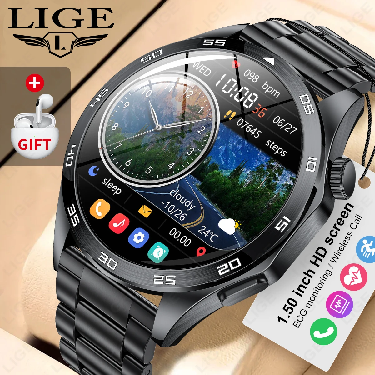 LIGE Sport Smart Watch Men Bluetooth Call ECG Health Monitor 1.50 Inch Screen IP67 Waterproof Gift Smartwatch For Huawei Xiaomi