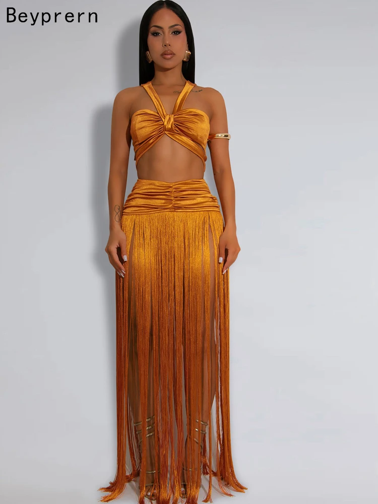 

Beyprern Golden Goddess Fringed Skirt Set Holiday Outfits Women Stylish Twist Front Stain Beach Suit Set Swimsuits Set Clubwear