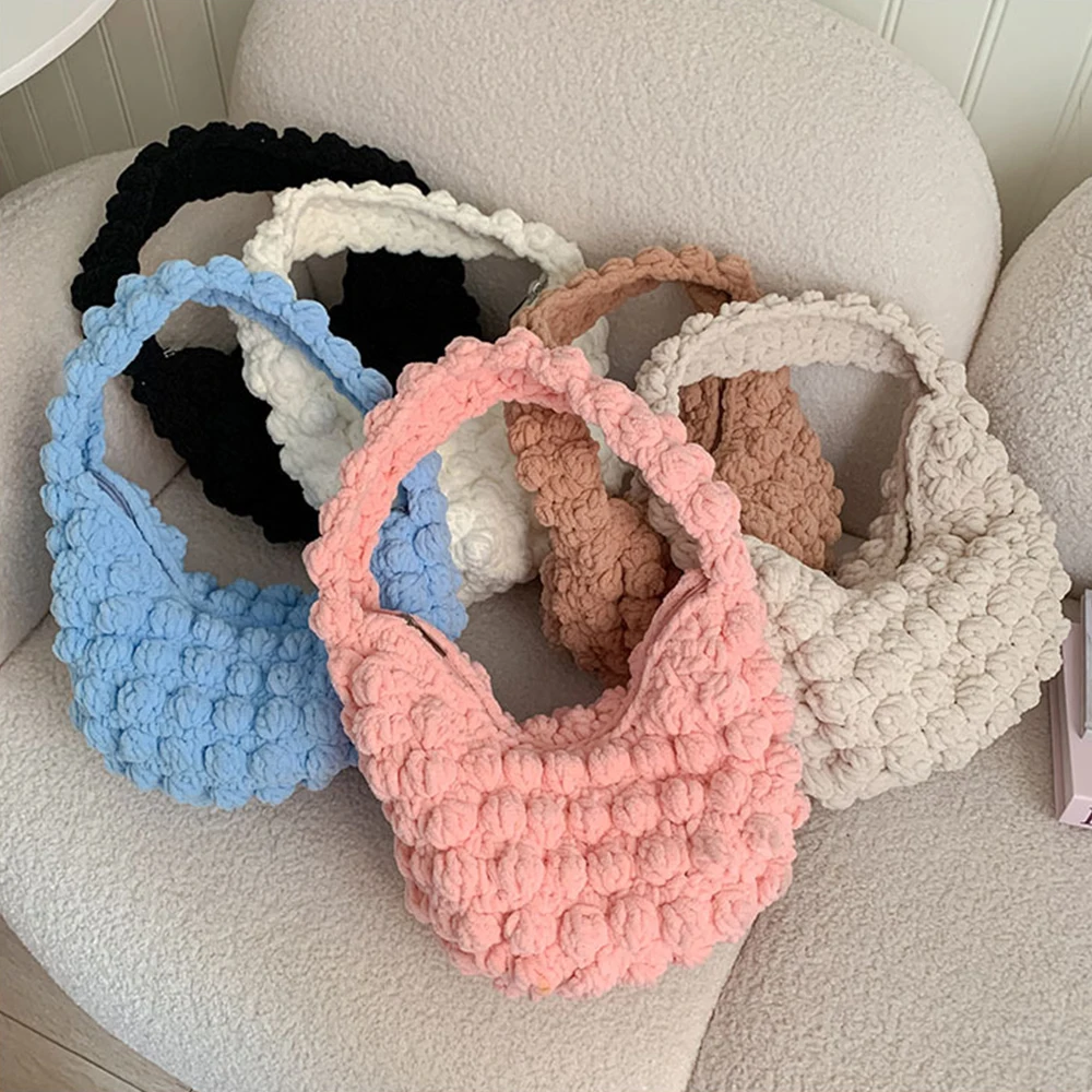 

Cute Puffy Woven Shoulder Bag Handmade Crochet Cloud Bags for Women Half Moon Knitting Handbags and Purses Rope Armpit Bags NEW