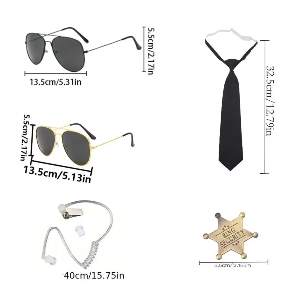 Feestset: zonnebril, stropdas, walkietalkie-headset en metalen badge. Feestaccessoires geschikt voor kostuum-uniformfeesten.