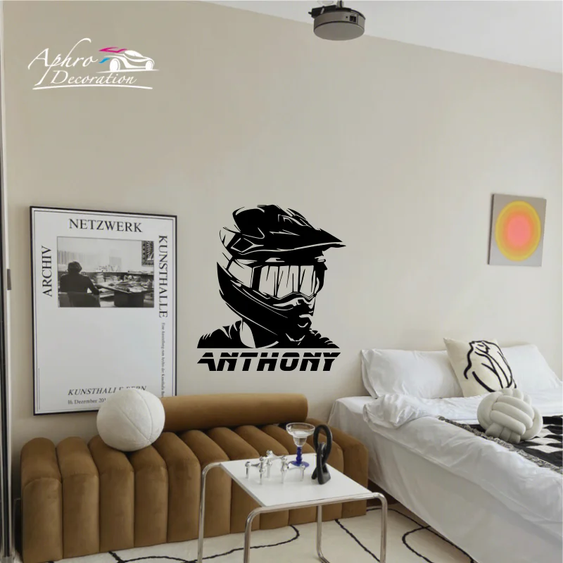 اسم شخصي دراجة نارية ملصقات الحائط ، موتوكروس سباق ألعاب الدراجة ، خوذة الشارات ، غرفة الأولاد المنزل ، جدار الفن ديكور ، هدية