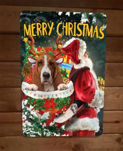 Merry Christmas Basset Hound Dog Xmas 8x12 Metal Wall Sign Animal Poster #1