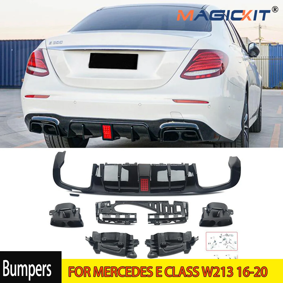 For Mercedes Benz W213 E300 E450 E43 AMG Rear Bumper Diffuser Lip W/Exhaust Tips 2016-2020