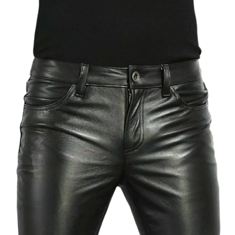 Choice PU Leather Pants Men\'s Fashion Rock Style Night Club Dance Pants Men\'s Faux Leather Slim Fit Skinny Motorcycle Trousers