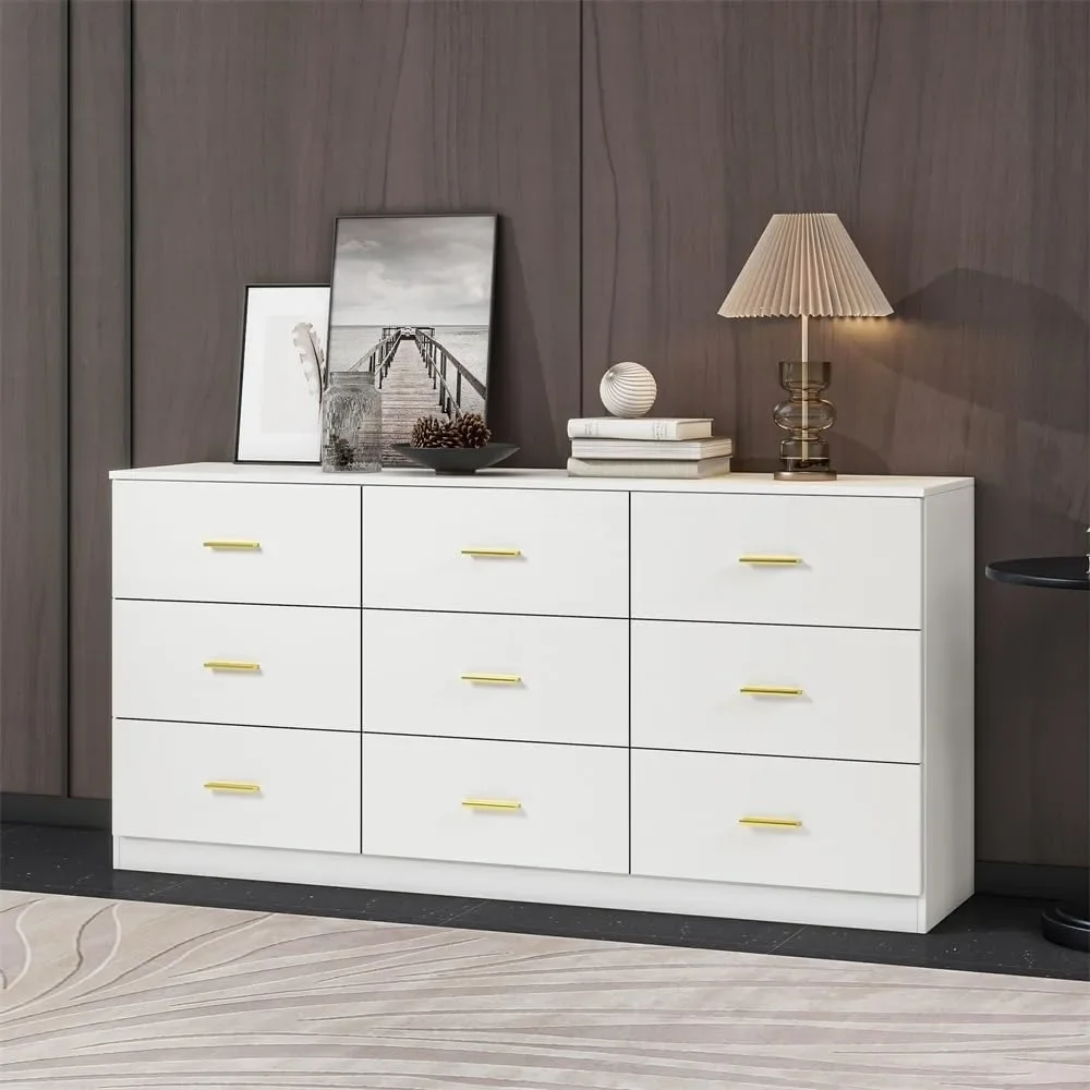 Dressers White table in the bedroom, large 9 drawers with gold handles, furniture in the bedroom, TV cabinet in the bedroom