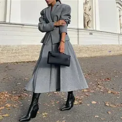 Fashion Elegant Solid Skirt Suits Women Long Sleeve Stand Collar Coat A Line High Waist Skirt Autumn Winter 2 Piece Set Casual