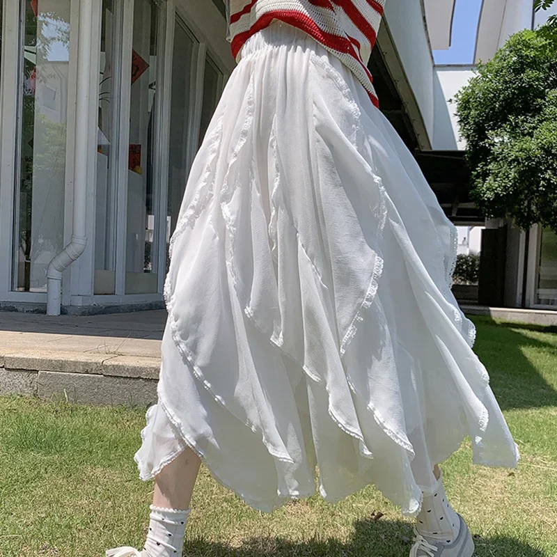 Ruffles Patchwork Irregular Skirt Woman High Waist A Line Midi Skirt Women Spring Summer White Long Skirts