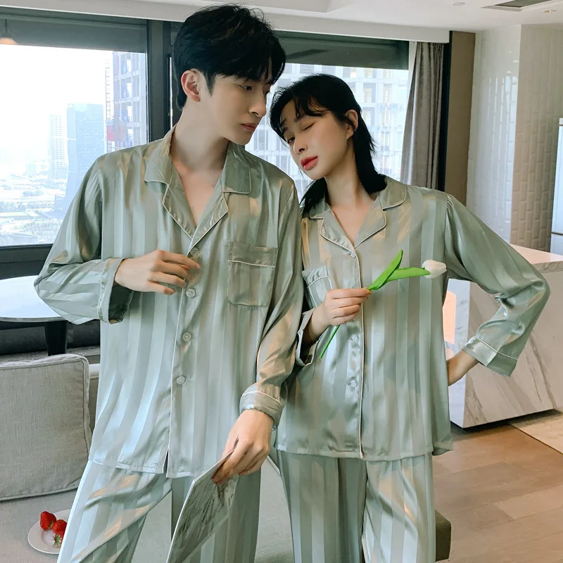 High Quality Couple Pajamas Suit Women Spring Autumn Ice Silk New Summer Luxury Simple Design Sleepwear Men Loungewear Set Male