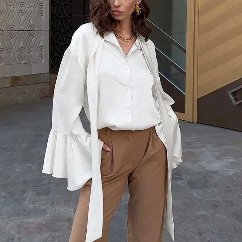 Lazy and High-end Satin Ribbon Collar Women's Shirt 2025 Summer New Solid Color Ruffled Top