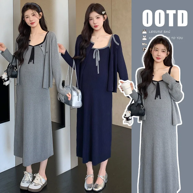 

2025 French Style Pregnancy Outfit Early Autumn Knit Slip Dress with Cover Up Elegant Maternity Two Piece Set Comfortable
