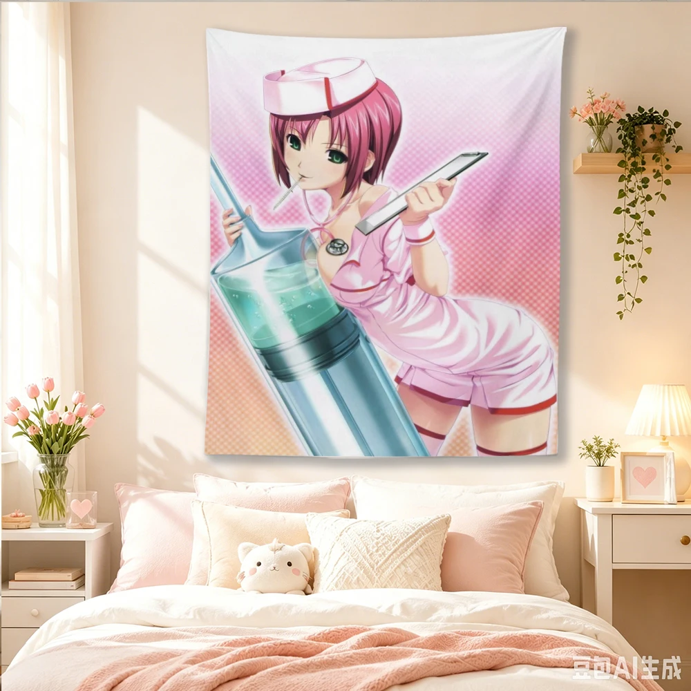 Retro Anime Nurse Tapestry, Pink Checker Background, Cute Otaku Room Decor