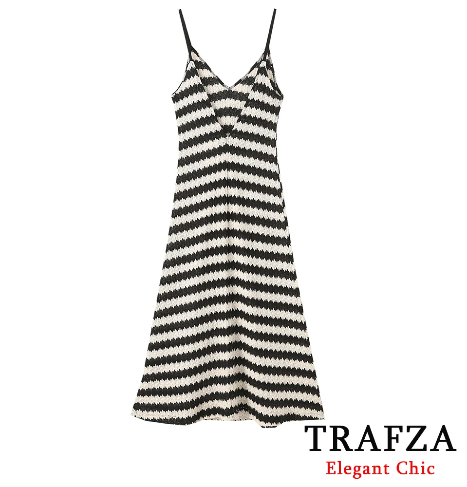 

TRAFZA Casual Striped Knit Halter Dress Women's V-Neck Spaghetti Strap Dress New 2024 Spring Autumn Fashion Holiday Dress