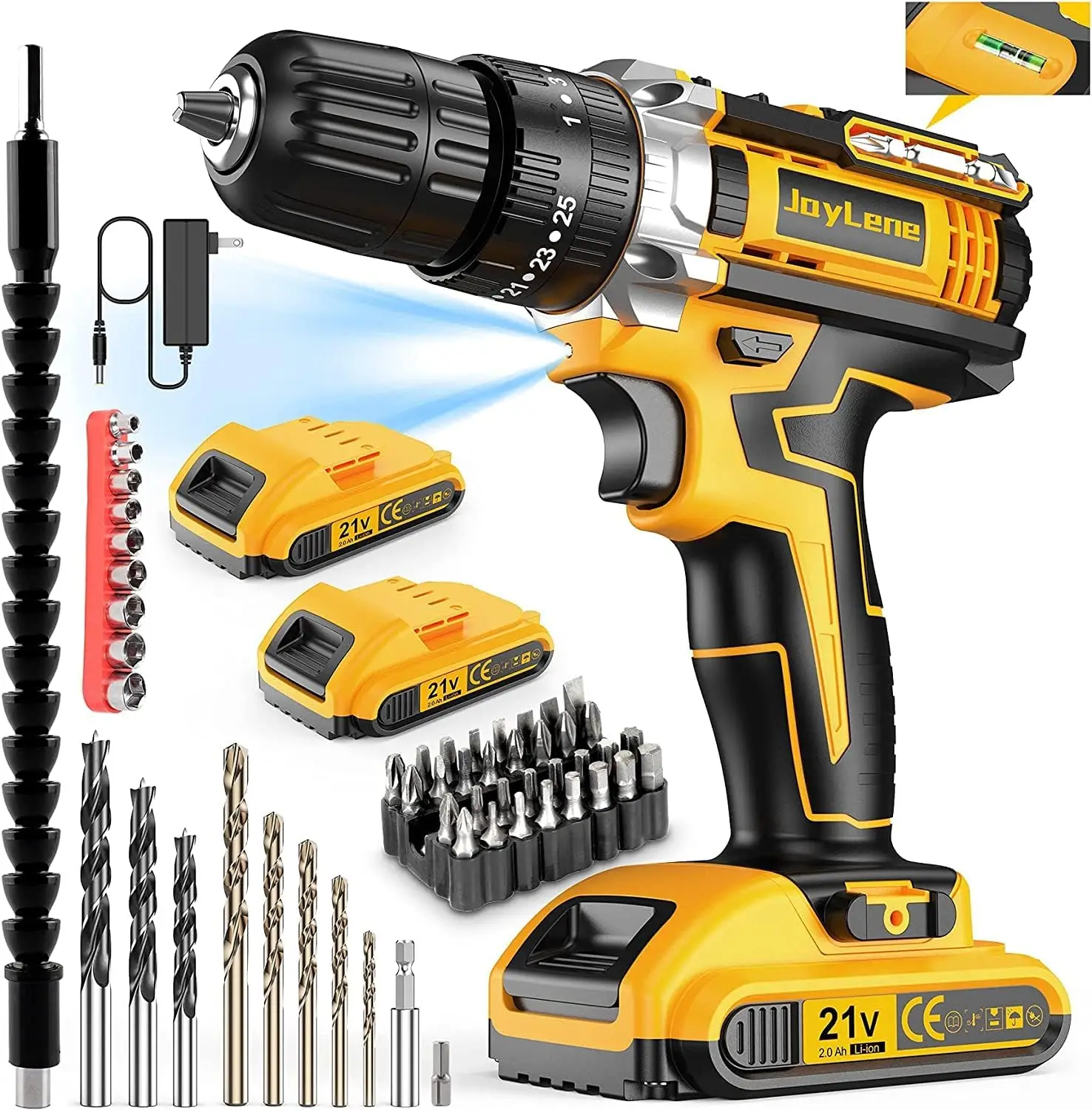 

21V Cordless Drill Set, Power Drill 59Pcs with 3/8 Inch Keyless Chuck, 25 3 Clutch Electric Drill with Work Light, Max torque 45
