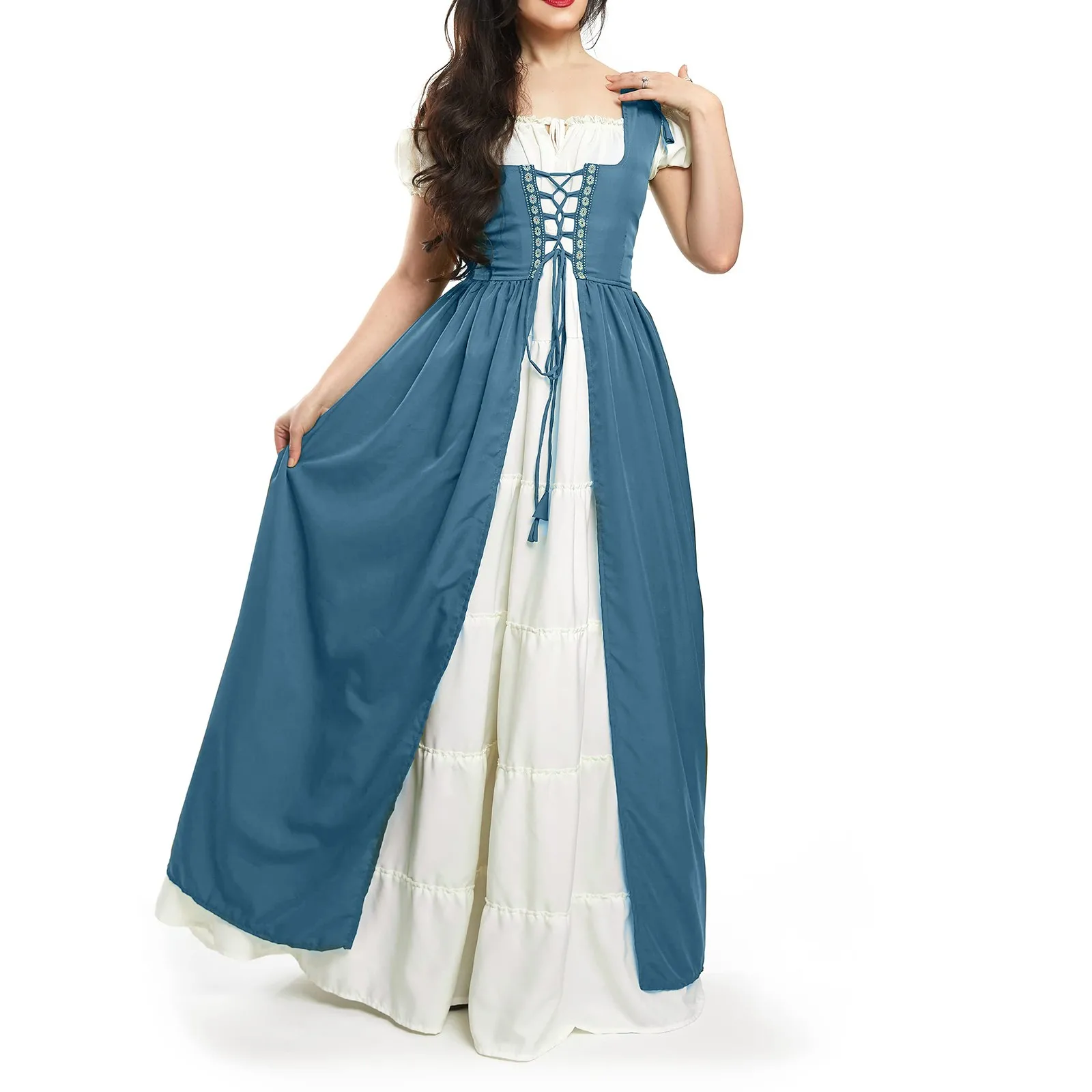 Cosplay Medieval Renaissance Costume Over Suit Dress Victoria Princess Solid Color Square Collar Two-piece Patchwork Long Dress