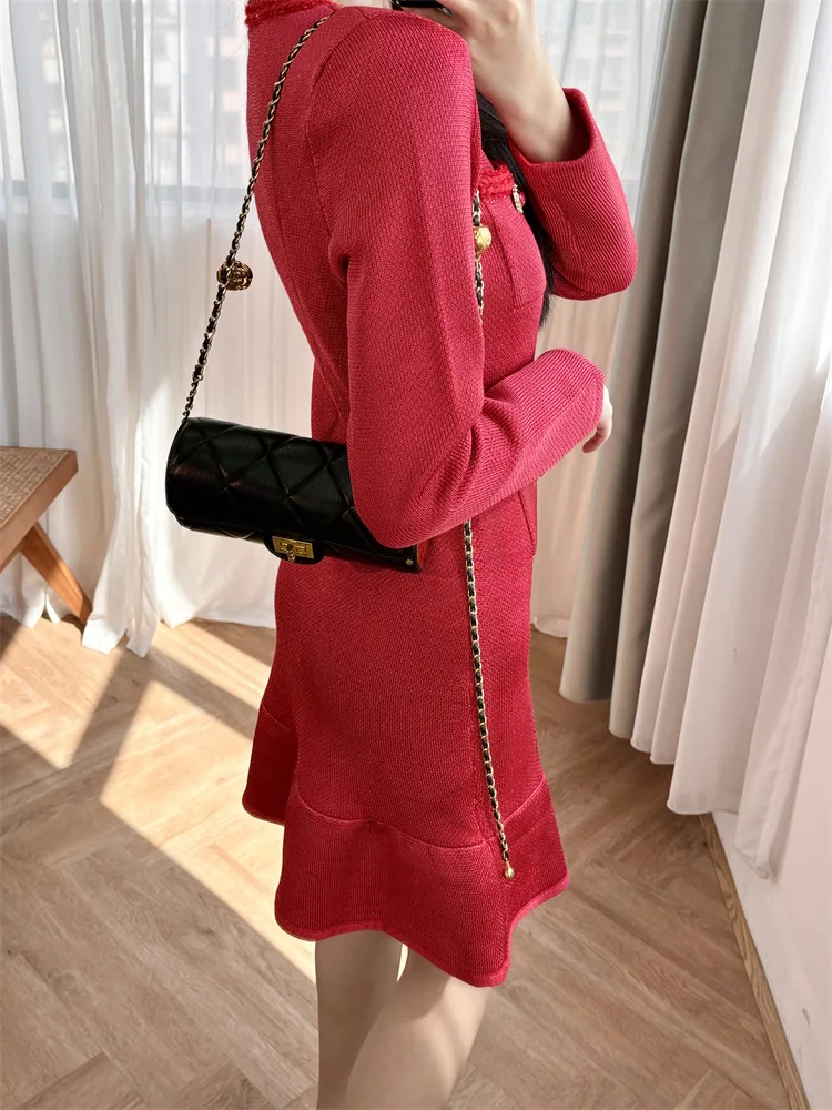 Women's Fish Tail Knit Red Short Dress, Heart Buttons, A-Line, O-Neck, High Street, Elegant Style, Chic, Fashionable, Design