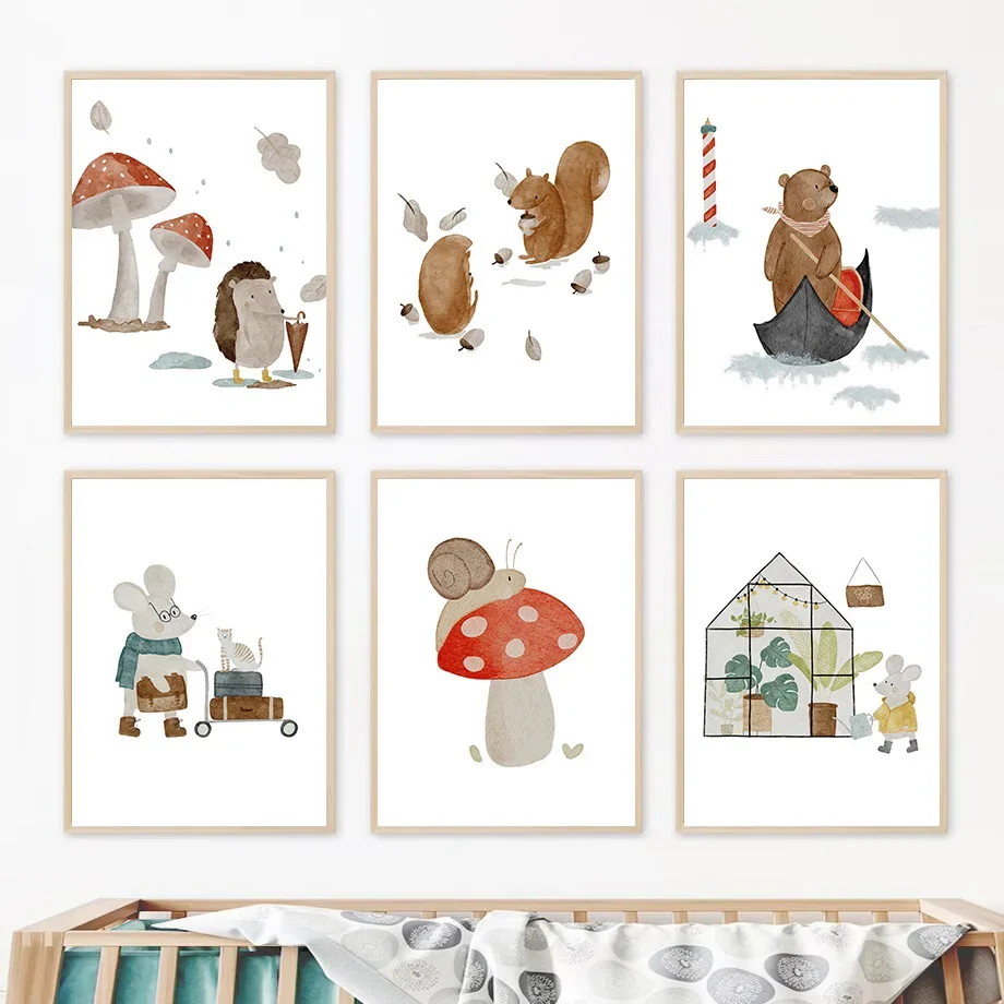 

Bear Squirrel Mouse Mushroom Leaf Nursery Wall Art Canvas Painting Cartoon Posters And Prints Wall Pictures Baby Kids Room Decor