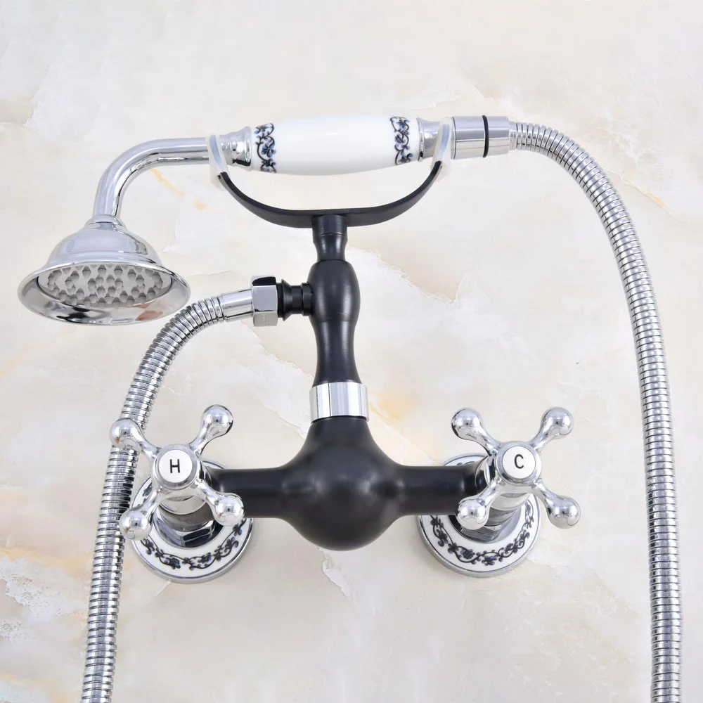 

Black Oil Rubbed & Chrome Brass Wall Mounted Bathtub Faucet with Handheld Shower Set +1500MM Hose Mixer Tap 2na612