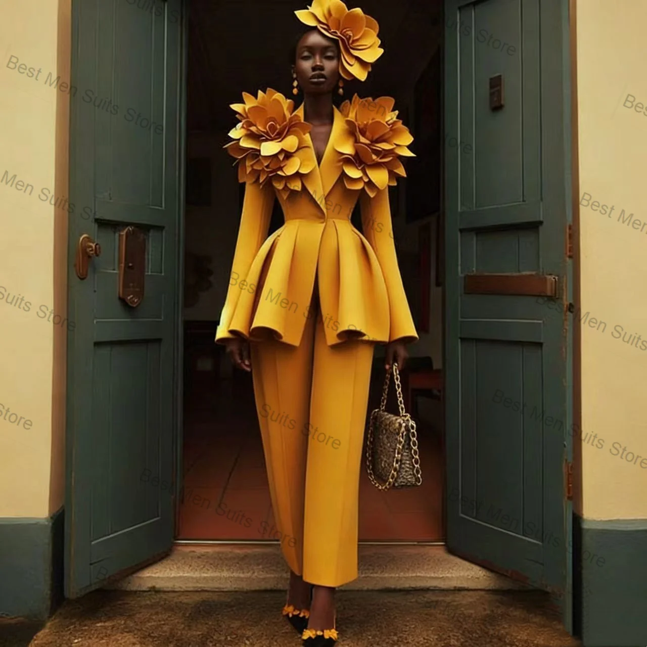 Yellow Women Suit Set 2 Pcs Blazer Pants Trousers 3D Flowers Ruffles Hem Formal Office Jacket Customized Wedding Guest Coat view 4