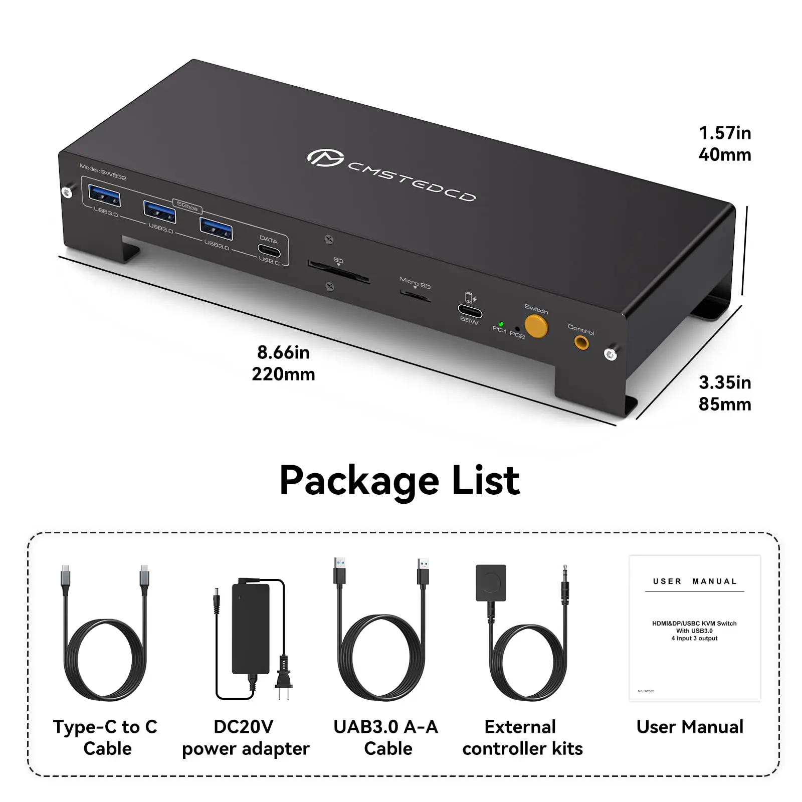 USB 3.0 KVM Switch 3/2 Monitors 2 Computers 4K@60Hz Displayport / HDMI USB C Switch Docking Station Share Dual / Triple Monitors