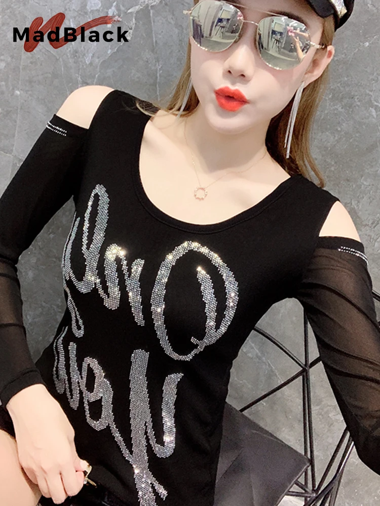 

MadBlack Spring Off Shoulder T-shirts Sexy Shinny Letter Diamonds Bandage Back Slim Tops Women's Long Sleeves Tees T31427X