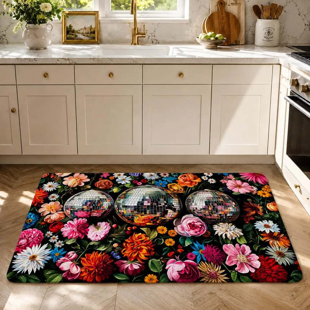 Florals With Shiny Disco Spheres Floor Mat Flannel Rug Soft Non Slip Washable Door Mat For Bathroom Bedroom Kitchen Home Decor