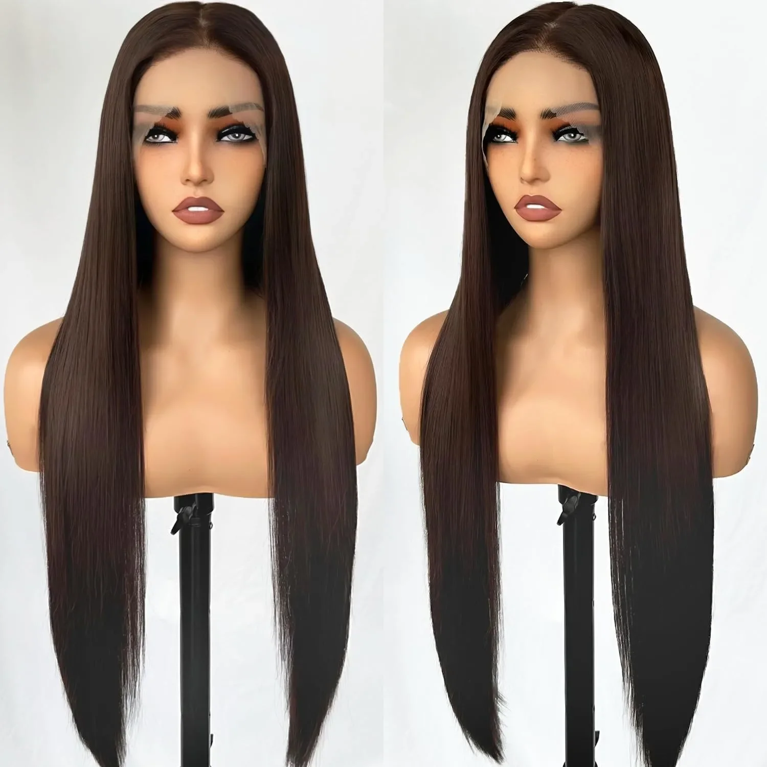 

WFR104 13*4 Chocolate Brown Lace Front Wigs Plucked 28 Inch Long Straight Wigs with Transparent Lace Wigs Synthetic Straight