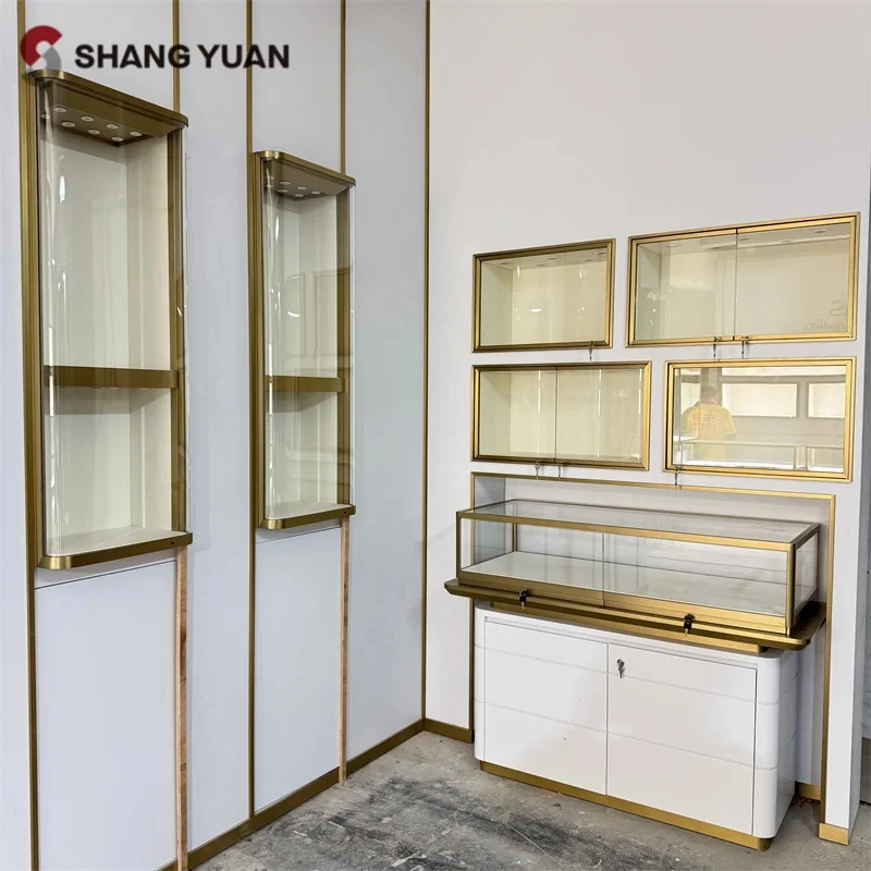 custom.Modern Wall-mounted Jewelry Display Showcase Gold Hanging Jewellery Display Cabinet Jewelry Shop