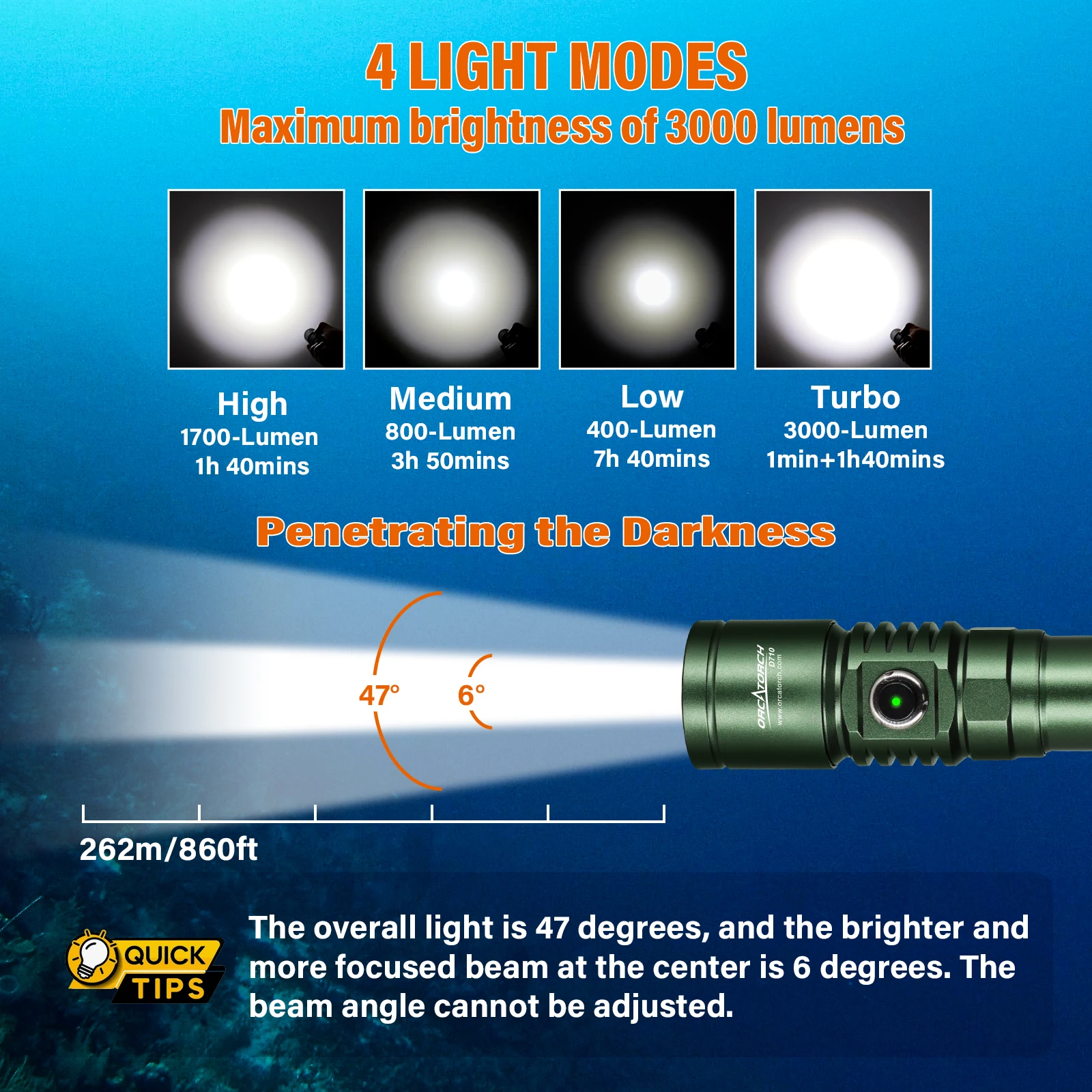 Orcatorch D710 Underwater Lantern Professional High Power Diving Flashlight Rechargeable Scuba Diving Torch Light LED Flashlight