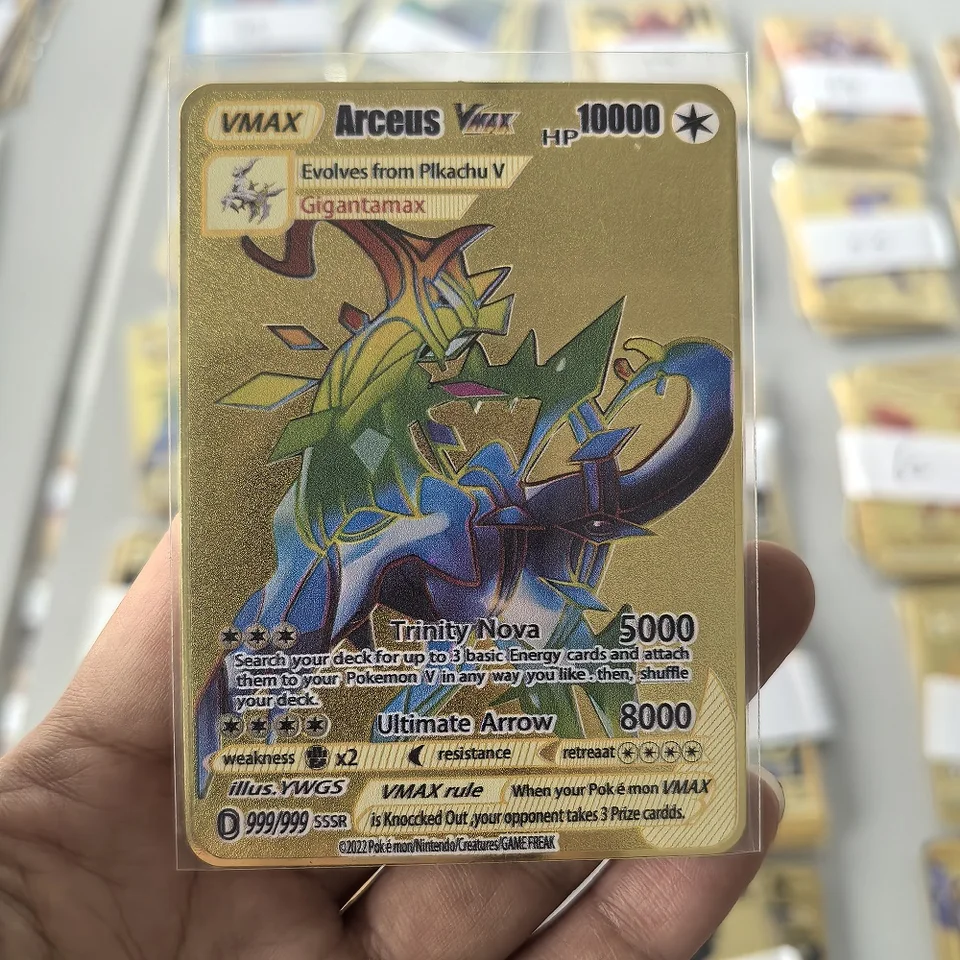 pokemon cards with 10000 hp Rainbow Mew Vmax 10000 HP Arceus Golden Pokemon Cards in English Iron Metal Pokmo Letters Kids Gift Game Collection Cards Color: 153