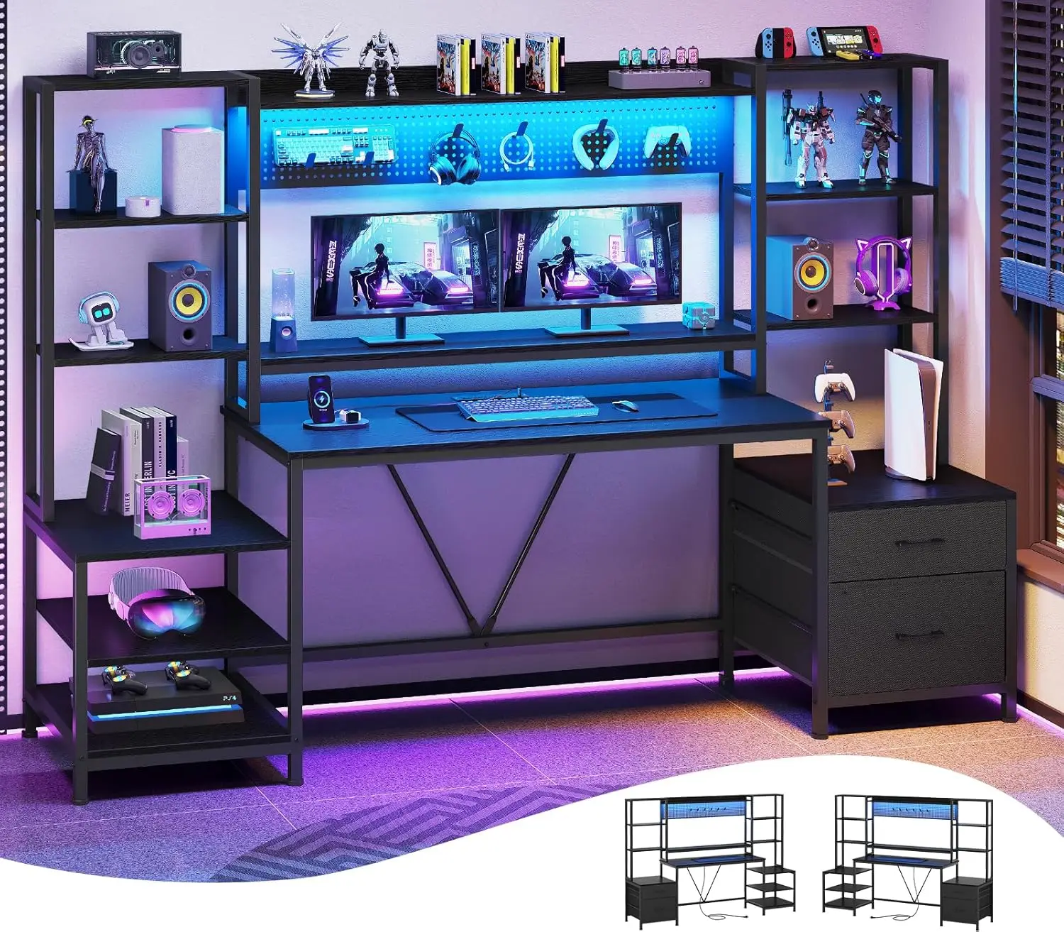 Computer Desk with Power Outlets, 81.9in Home Office Desk with Monitor Stand, Gaming Desk with LED Light