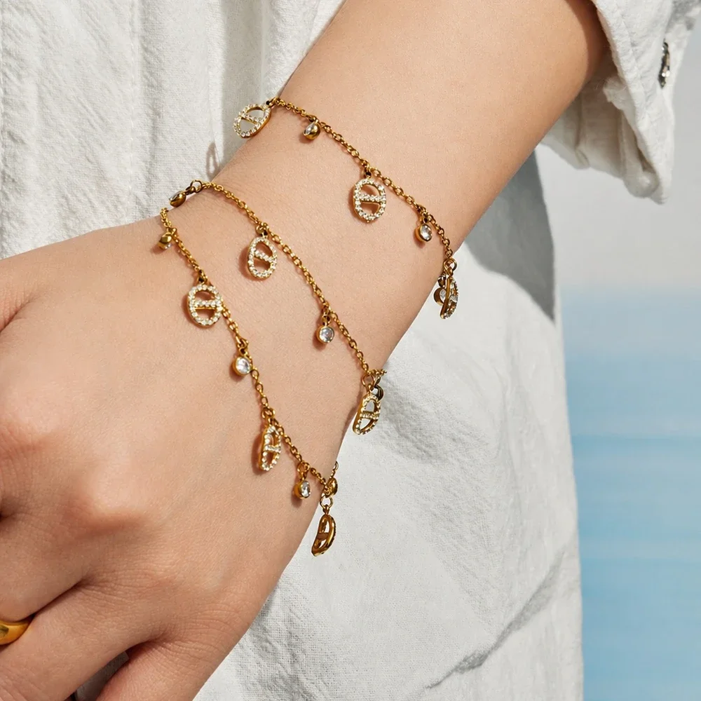 18K Gold Plated Stainless Steel Jewelry Set for Women Zircon Necklace, Bracelet & Anklet, Dainty Stackable Gift Set