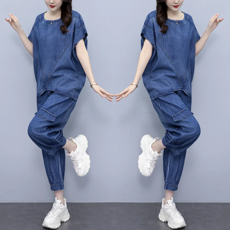 Summer Casual Thin Denim Two-piece Set For Women T-shirt Tops And Harem Pants Female Large Size Blue Loose Soft Matching Suits