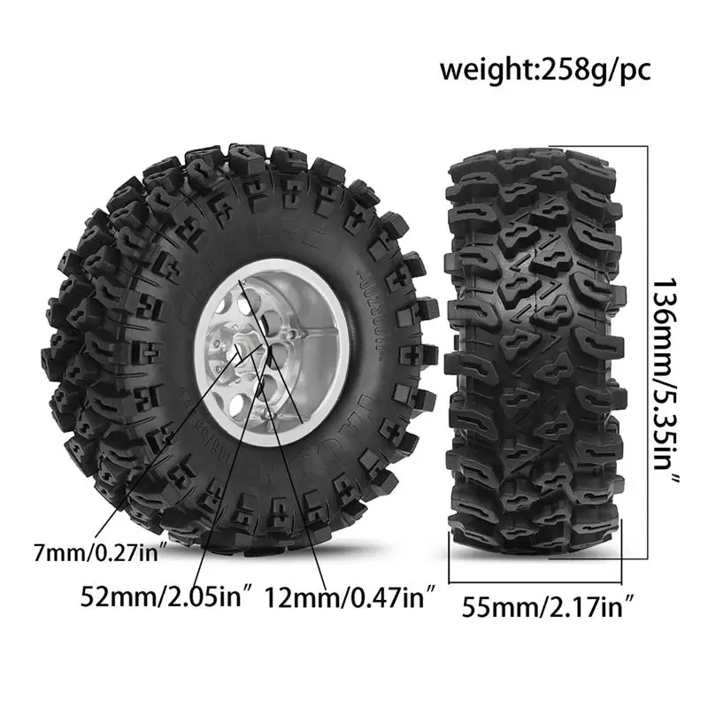 YSUN-4Pcs 136Mm 1.9Inch Metal Beadlock Wheel Rim Rubber Tire Set For 1/8 1/10 RC Crawler Car TRX4 D90 D110 Axial SCX10