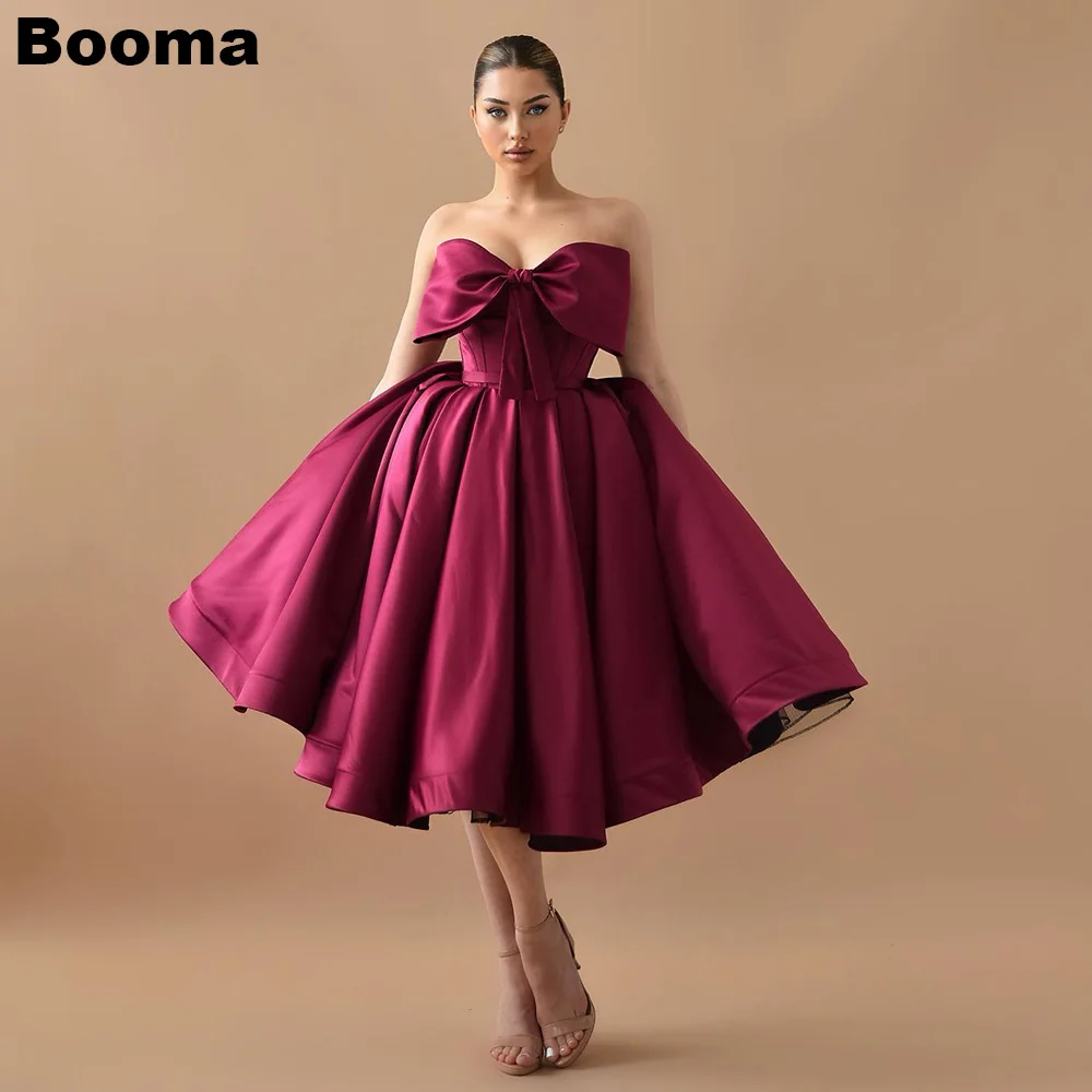 

Booma A-Line Stain Ball Gowns Short Evening Dresses Strapless Big Bow Party Prom Gown Tea-Length Formal Occasion Dress for Women