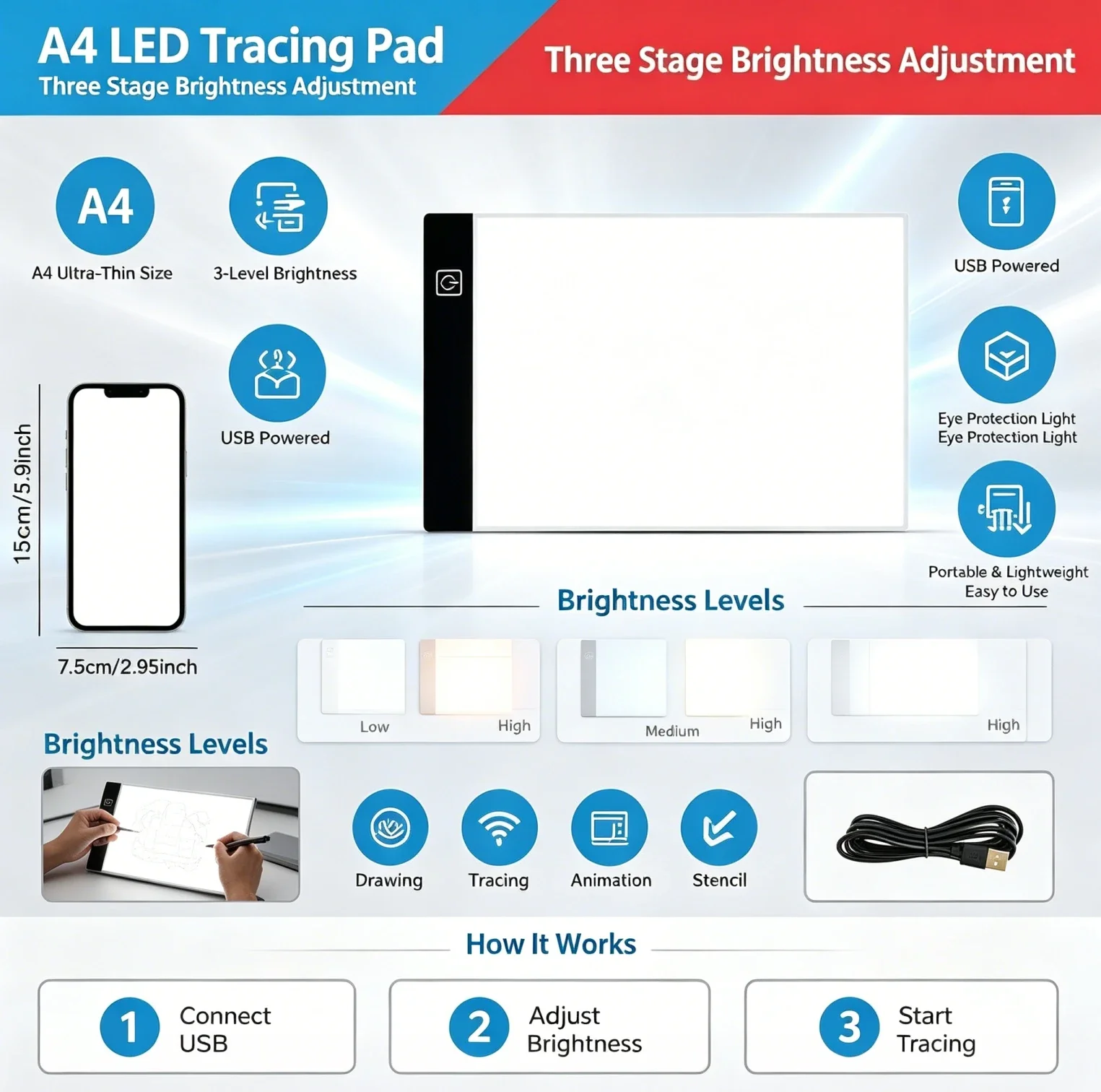 A4 A5 LED Copying Table Children Drawing Board Transparent Copying Table Adjustable Brightness Night Light Notebook