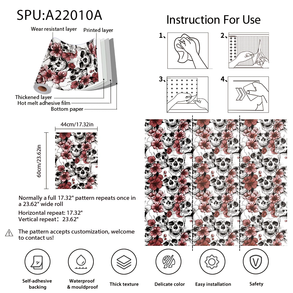 Papel tapiz impermeable de PVC europeo, decoración del hogar, Peal y Palo, flor roja, autoadhesivo, papel tapiz duradero de calavera para Club