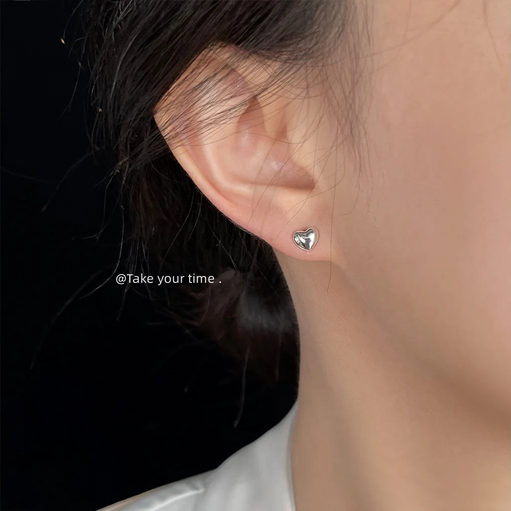 Mini Love Heart Stud Earrings Simple Smooth Surface, Sterling Silver Needle Hypoallergenic Light Luxury Minimalist Daily Commute