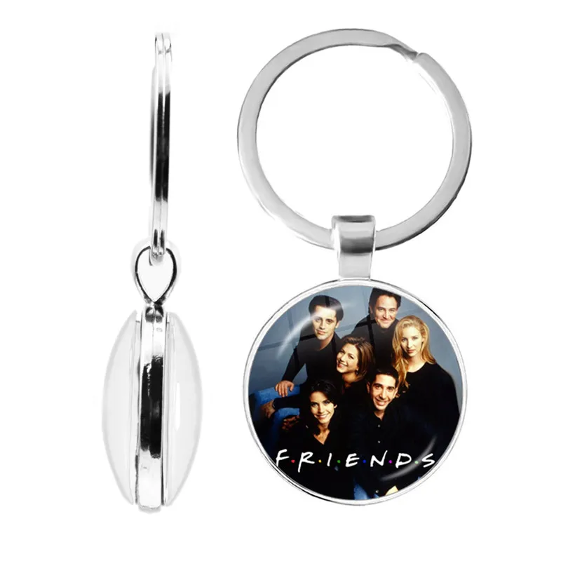 Friends TV Show Double Side Keychain 25th Anniversary Series Cartoon Fun Pattern Glass Cabochon Key Ring Keyholder Jewelry Gift