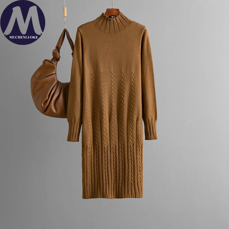 فساتين نسائية أنيقة للخريف والشتاء بأكمام طويلة ورقبة وهمية فستان محبوك موضة غير رسمية فضفاضة وسميكة للدفء