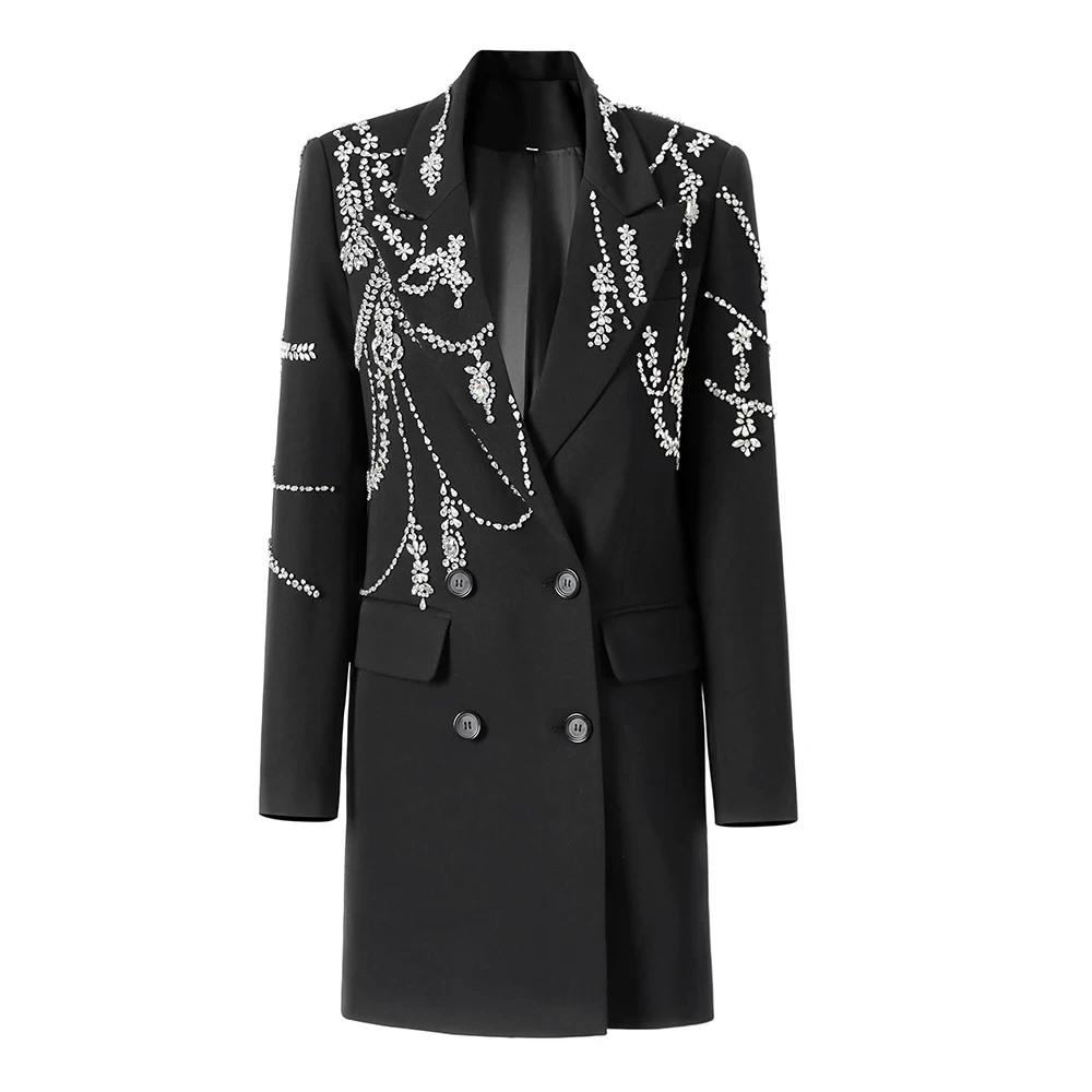 

European High Street Super Luxury Design Handmade Rhinestones Beading Women Black Long Jackets Chic Lady Blazers