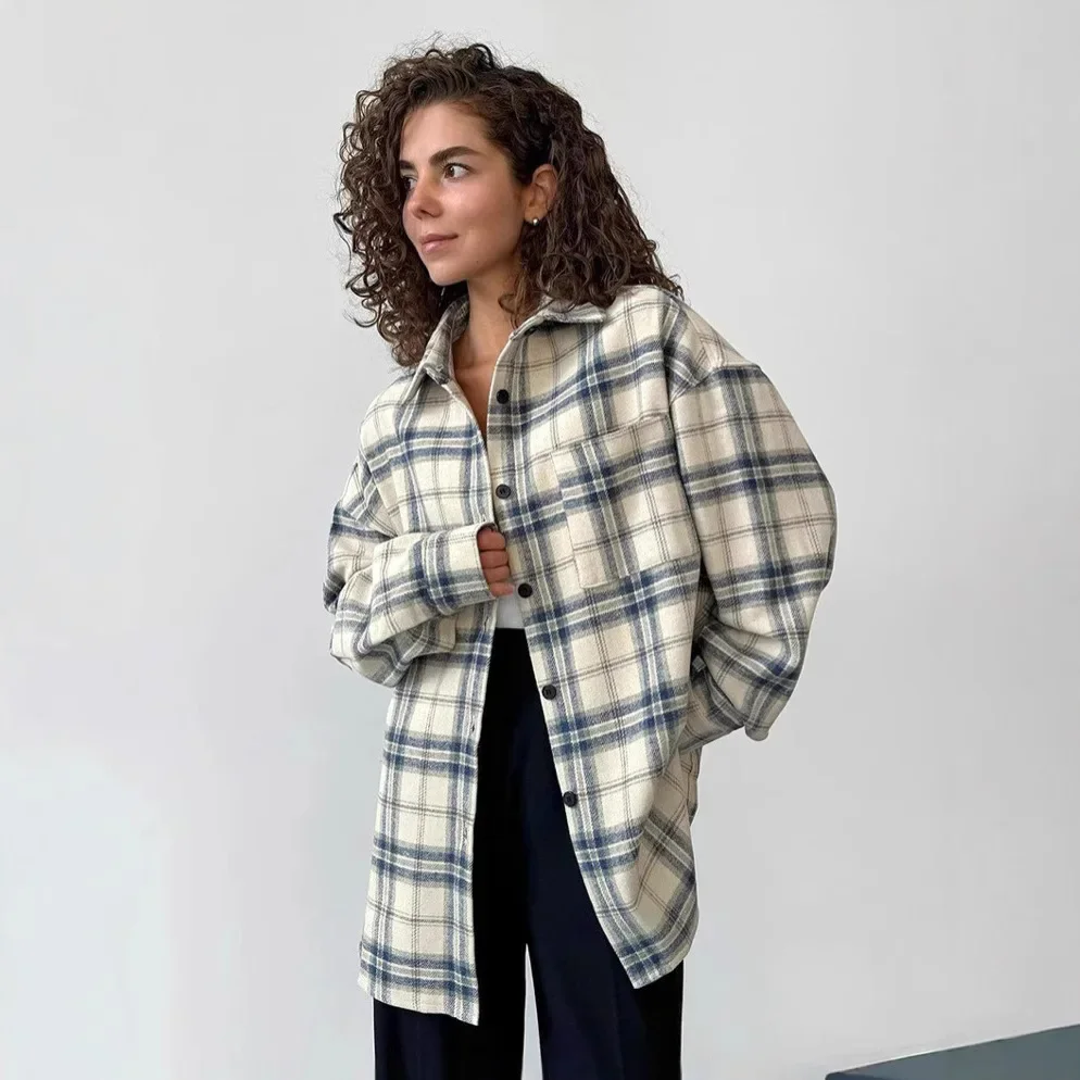 

2025 New Retro Lazy Loose Plaid Shirt Women's Autumn And Winter Design Sense Oversize Outer Long-sleeved Shirt Women's Clothing