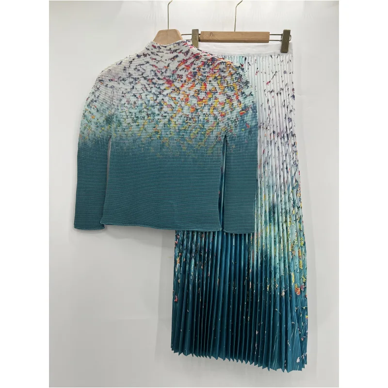 Miyake Pleated Clothing Printing Suit Temperament Loose Top+Skirt Elegant Two-Piece Sets Wholesale New in Autumn 2023
