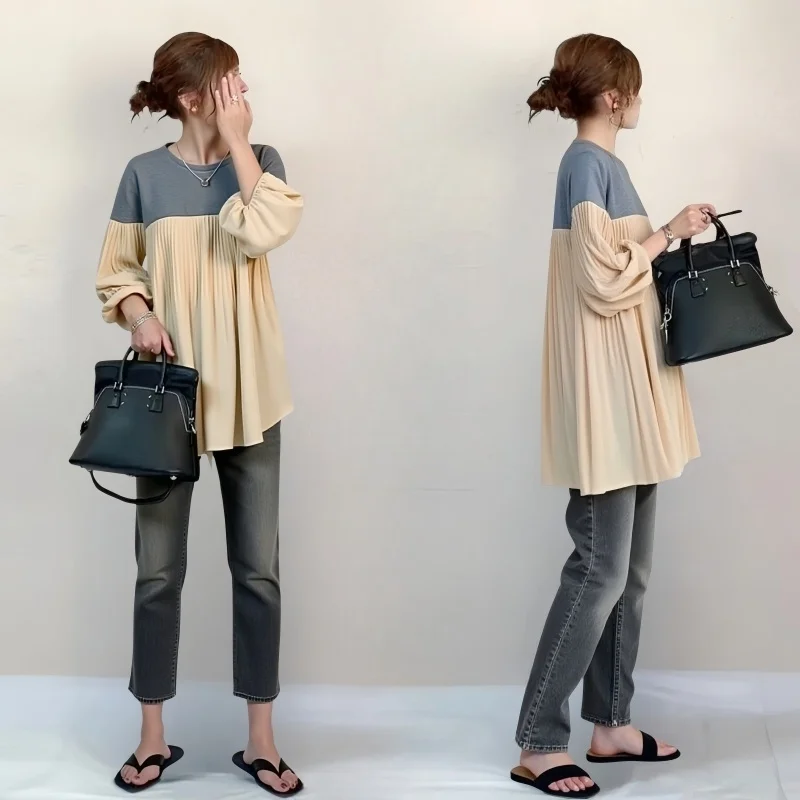 Loose T-Shirt Women's Long Sleeve Patchwork Bell Sleeve Elastic Waist Cross-Border 2025 New Style Casual Cotton Top