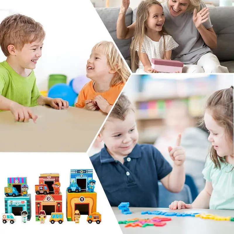 Set da gioco per città in legno Giocattoli per città Blocchi impilabili in legno Garage per auto Set da gioco per città giocattolo Garage per auto giocattolo Giocattoli educativi per bambini