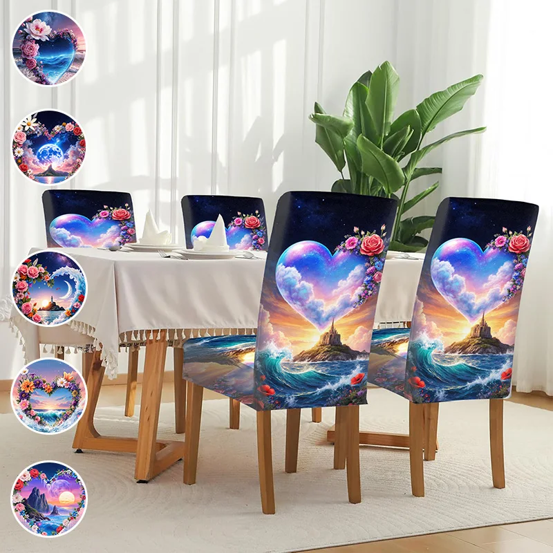 

Elastic printed dining chair cover, ocean wreath love flower pattern, removable and washable non-slip dining chair cover