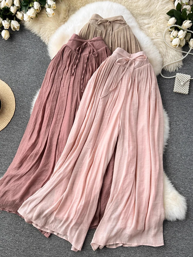 

Lazy Wind Draped Wide Legs Pants Women Summer Thin Bandage Basics High Waist Casual Chiffon Pants Solid Loose Long Trousers